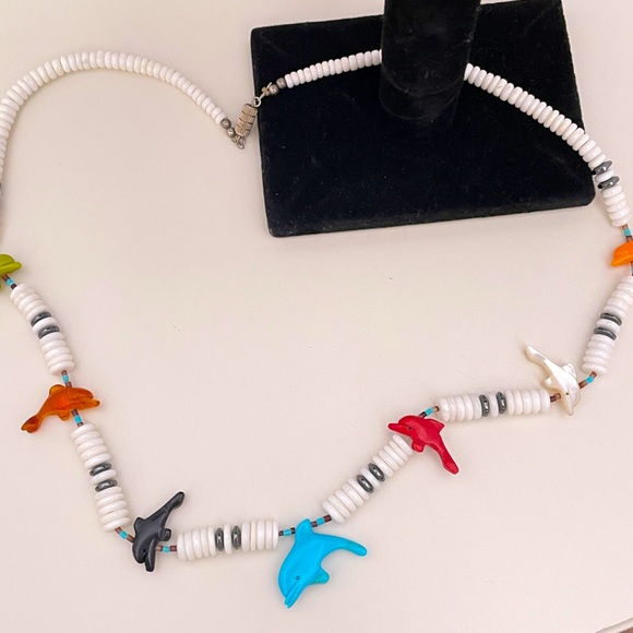 Vintage Heavy Real Stone Rainbow Summer Beach Surfer Vacation Dolphin Necklace - Picture 1 of 10